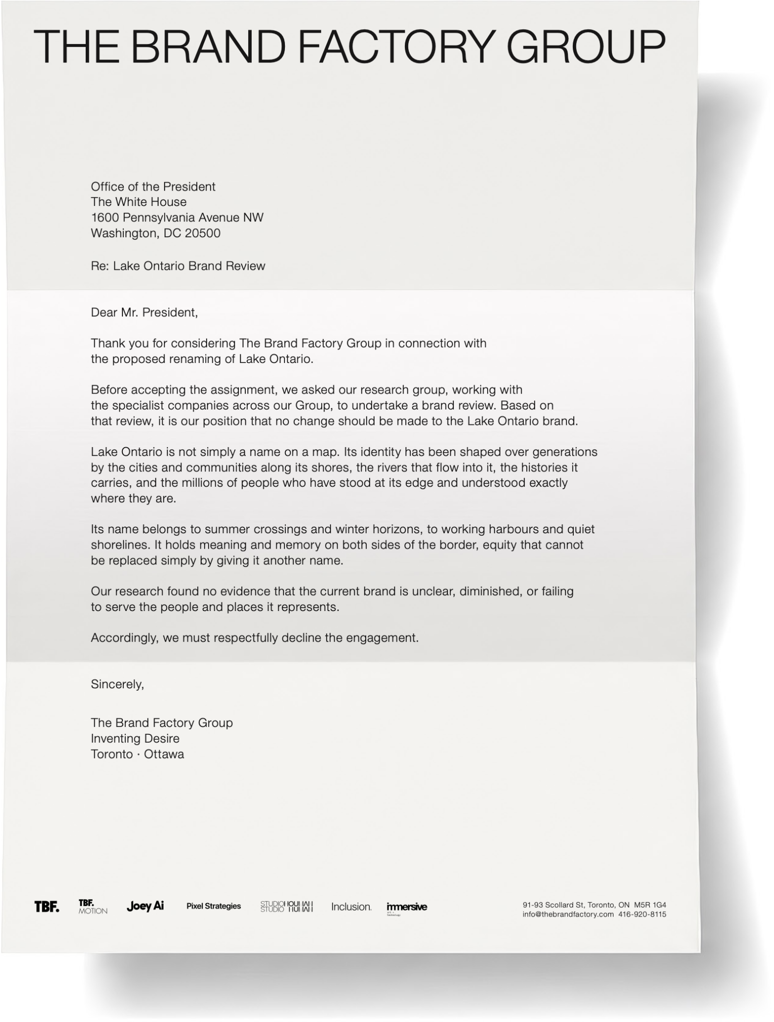 A letter from The Brand Factory Group about the Lake Ontario brand review